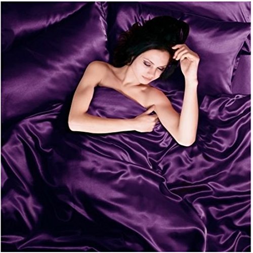 Satin 6 Pcs Silky Sexy Bedding Set Queen / King Duvet Cover Fitted Sheet & 4x Pillowcases 8 Colors (Queen, Purple)