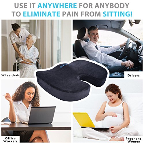 Coccyx Orthopedic Memory Foam Seat Cushion for Office Chair, Car, Wheel Chair and Bleachers, with Handle Anti-Slip Bottom. Relief from Back, Sciatica, Tailbone and Hemorrhoids Pain(Black) - Thumbnail 4