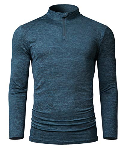Fresca Men's Quick Dry Sports Tops Cycling Jersey Heighten Collar Running Gym T Shirt Activewear Long Sleeve Casual Base Fitness Athletic Shirt Blue Green X-Large