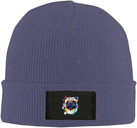 ReBen Unisex Watercolor Dog Pet Pug Warm Winter Knit Plain Beanie Hat Skull Cap Navy