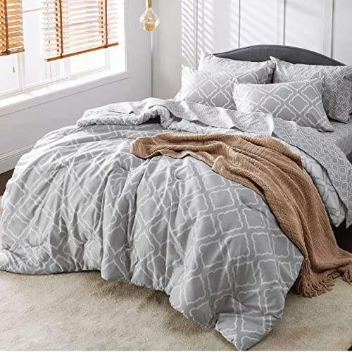 Bedsure Queen Comforter Set 7 Pieces Grey Quatrefoil Comforters Queen Size, Lightweight