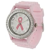 Pink Ribbon Geneva Crystal Rhinestone Breast Cancer Awareness Silicone Rubber Jelly Watch