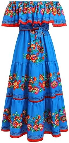 sachin and babi light blue dress EFOGEP Women's Mexican Dress Summer Boho Flowers Draped Dress Off Shoulder  Traditional Fiesta Dresses Bohemian Long Maxi Dresses Casual Wedding Beach  Party Dress with Belt, blue, L price in Saudi Arabia |