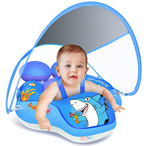 Upgraded No Flip Over Baby Pool Float, Baby Float with Canopy UPF50+, Inflatable with Double Air Chambers,Five Safety Protection Anti-flip Safe, Baby Swimming Float with 2 Tail for 6-36 Months
