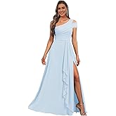 IMCACTOR One Shoulder Pleated Bridesmaid Dresses for Women Long with Ruffle Slit Sleeveless Chiffon Formal Dress with Pockets