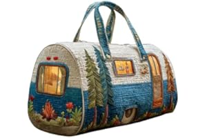 Camping Trailer Textured Quilted Duffle Bag Men Women Weekender Bag For Outdoor Adventures, 3D, 18*9*9 inch, Vintage