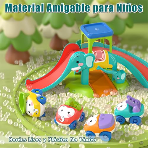 Lehoo Castle Juguetes para Niños 1 2 3 Años, Regalos de Cumpleaños, Tobogán de Elefante con 4 Coches de Animales, Juguetes Educativos para Bebés 12-18 Meses, Pista de Coches Empujables para Niño