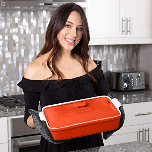 Rossallini Stoneware Casserole Dish Bakeware Set with Lid, Covered Rectangular Dinnerware, Large 4 Quart, 13 by 9 Inch, Rosso [Red] - Thumbnail 3
