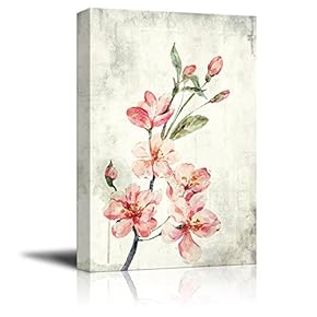 Canvas Wall Art - Watercolor Painting Style Pink Cherry Blossom on Branch - Giclee Print Gallery Wrap Modern Home Art Ready to Hang - 12x18 inches