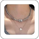 Xduargs Boho Layered Square Choker Necklace Vintage Square Chunky Chain Necklace Silver Pearl Pendant Necklace Geometric Square Chain Necklace Jewelry for Women