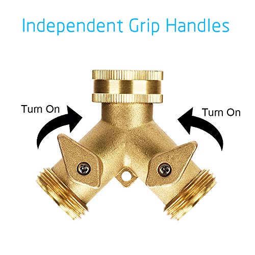 FUNTECK 2 Way Swivel Garden Hose Splitter Full Brass Body 3/4 inch GHT Fitting, Including Quick Connect Faucet Adapters and Spare Washers (1)