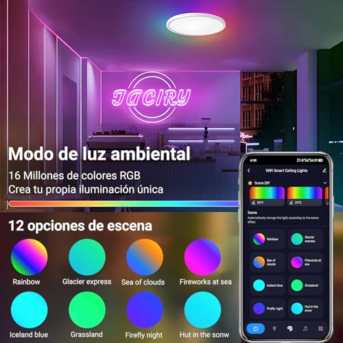 ET EASYTAO Lampara de Techo, Lampara Led Inteligente Wifi, Lámpara Alexa con Retroiluminación RGBIC, Control Remoto y Smart Life APP, 30cm, 24W, 2200LM, Ultradelgado