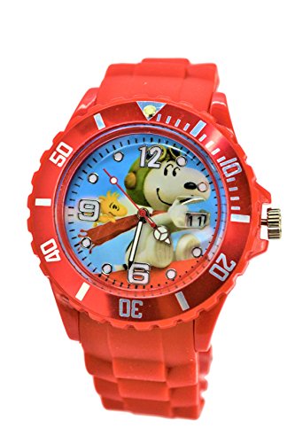 Peanuts Snoopy & Woodstock Flying Ace Modern Analog Silicone Date Wrist Watch for Women Men Children. Large Watch Dial.(RED)