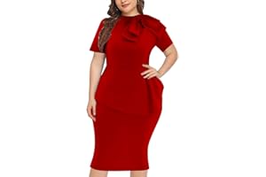 WANMEM Plus Size Dress for Curvy Women Semi Formal Cocktail Party Midi Dress Bodycon Short Sleeve Bow Ruffle Pencil Dresses