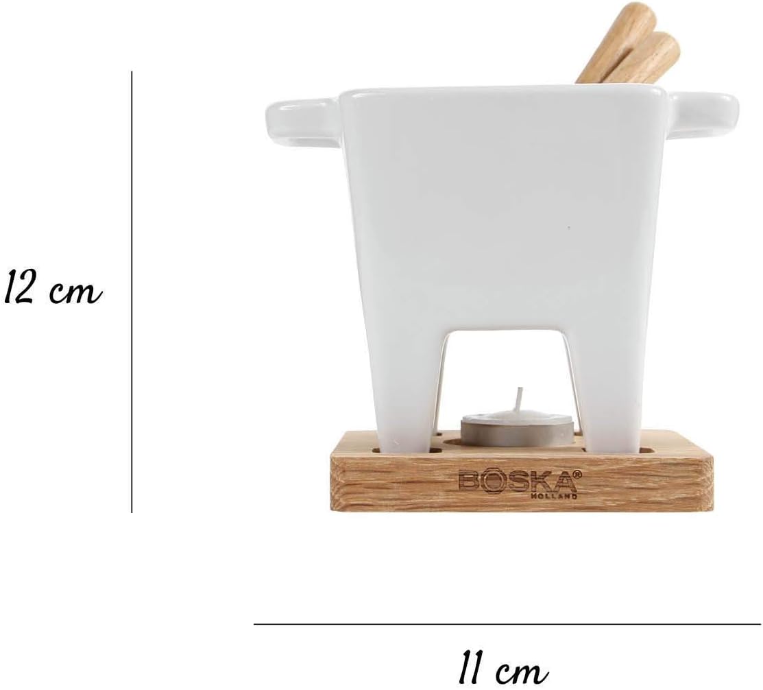 BOSKA Tapas Fondue Set Bianco/Mini Cheese Fondue Sets/Fondue for 6.1 oz of Melted Cheese/White Ceramic Base/Incl. 2 Wooden Fondue Forks/On Tea Light - Image 4
