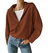 BTFBM Women’s Casual Long Sleeve Half Zip Pullover Sweaters Solid V Neck Collar Ribbed Knitted Lo...