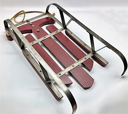 Holiday Old Fashioned Style Red Wood & Iron Sled with Natural Jute Rope Accent (Large)
