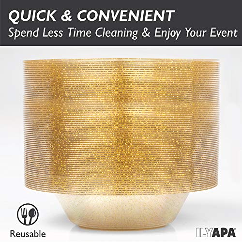 image for Ilyapa 12oz Plastic Bowls Set of 100 - Gold Glitter 12 oz Heavy Duty D