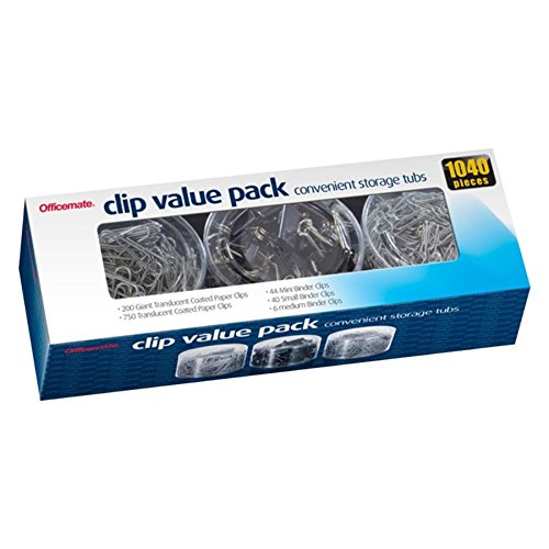 OfficemateOIC Clip Value Pack 1040 Pieces, 200 Giant Coated Paperclips, 750 #2 Coated Paperclips, 44 Mini, 40 Small and 6 Medium Black Binder Clips (97300)