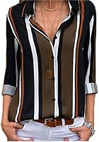 Astylish Women V Neck Striped Roll up Sleeve Button Down Blouses Tops