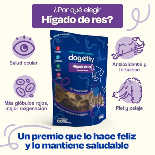 Dogelthy Higado de Res Deshidratado. Premio para Perros 100% Natural sin Conservadores ni Saborizantes Artificiales. Snacks para Perro. Treats para Perros Cachorros, Adultos y Senior 100 Gramos.