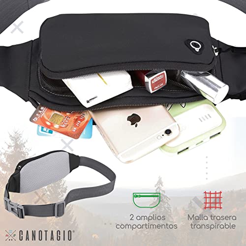 Canotagio Cangurera Deportiva de Viaje. Diseño Amplio para Pasaporte, Efectivo o Tarjetas. Hombre y Mujer. Riñonera Deportiva Compatible con Audifonos. Fanny Pack/Running Belt/Travel Pouch (Negro)