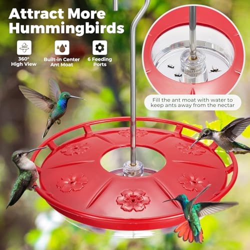 Kingsyard 2 Pack 16 OZ Disc Hummingbird Feeders for Outdoors Hanging, 6 Bee Proof Feeding Ports Leak-Proof Humming Nectar Bird Feeder, Ant Moat Easy Clean, Jelly Oriole Feeders, Garden Décor Gifts