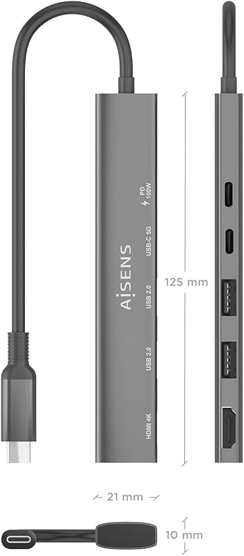 - ASUC-5P022-GR - USB-C Dock 5 EN 1, USB-C A 1xHDMI 2xUSB-A 1xUSB-C 1xUSB-C PD, Gris, 15CM