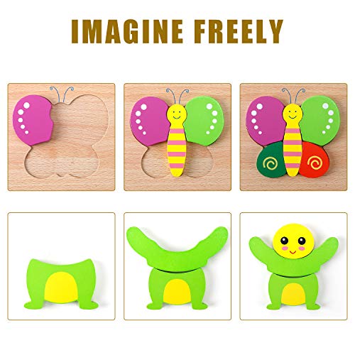 AKAMINO Wooden Animal Jigsaw Puzzles for Toddlers Kids 1 2 3 Years Old, Boys & Girls Educational Toys Gift with 6 Animals Patterns, Vibrant Color Shapes