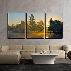 3 Piece Canvas Wall Art - Autumn Sunrise at a Lake, Sun is Shining Through Trees and Morning Fog - Modern Home Art Stretched and Framed Ready to Hang - 16"x24"x3 Panels