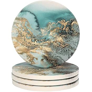 Lahome Marble Pattern Coasters - Round Drinks Absorbent Stone Coaster Set With Ceramic Stone and Cork Base for Kinds of Mugs and Cups (Blue, 4)