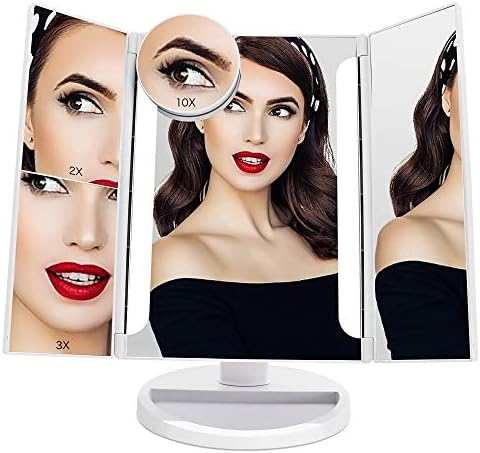 Makeup Mirror with 24 Led Lights 10X/3X/2X/1X Magnification Tri-Fold Vanity Mirror Lighted Tabletop Countertop Mirror Dimmable Brightness 180° Swivel Rotation Dual Power Supply Beauty Mirror