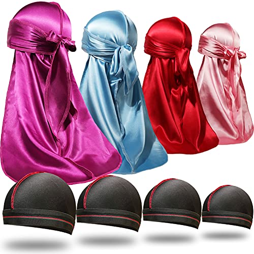 ForceWave 8PCS Silky Durag Men Wave Cap Long Tail Do rag for 360 Wave Dew Rag Packs, Purple+skyblue+red+pink, S-M