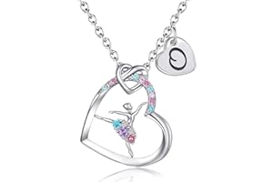 BAOWING Ballerina Necklaces Gifts for Girls Ballet Dancer Necklaces for Teens Little Girls Heart Initial Rainbow Dance Necklace Jewelry Gifts for Girls Women