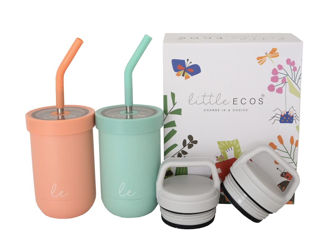 Photo 1 of Double walled Insulated Smoothie cups for kids | Toddler Cups with Straws | Set of 2 Straw Sippy Cup | Stainless steel baby cup with Thermos Lid for Hot Storage | Kids Straw Cups