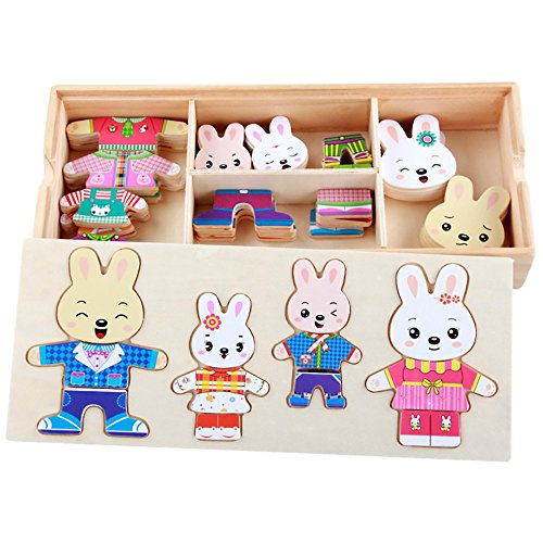 callm Educational Toy,Cartoon 4 Rabbit Bear Dress Changing Jigsaw Puzzle Wooden Toy (B) - Thumbnail 3