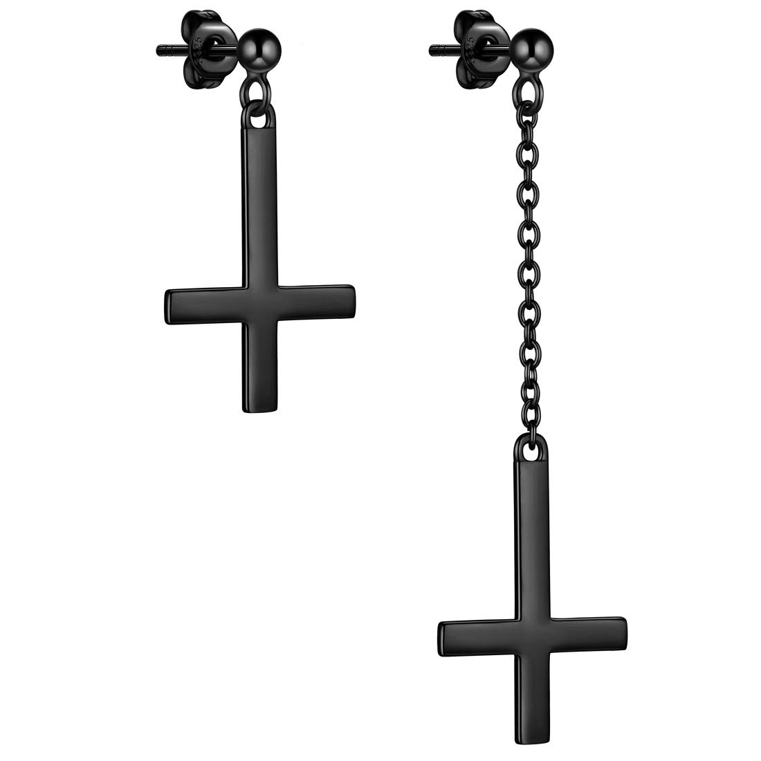 Beautlace Mens Inverted Cross Stud Earrings 925 sterling silver Asymmetry Upside Down Cross Dangle Earrings 18K Gold/Black Gun Plated Clip on Religious Jewelry Gift for Women, Sterling Silver