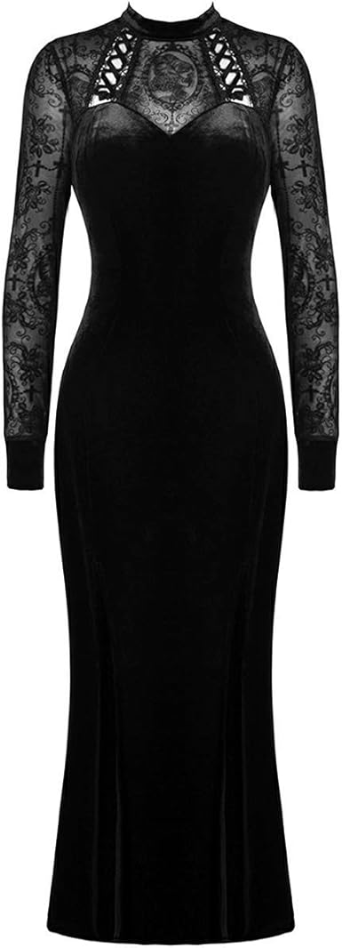 Dark In Love DW368 - Vestido largo gótico ajustado de terciopelo negro