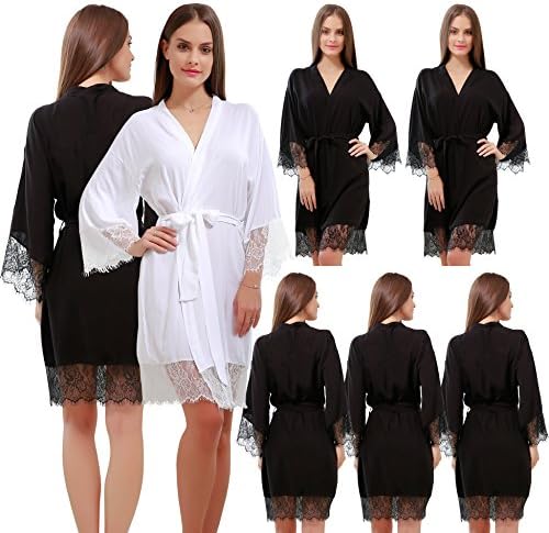 GoldOath Wedding Robes for Bridal Party Set of 7 Women's Cotton Kimono Robe Gifts to Bride Bridesmaid with Lace Trim V-Neck