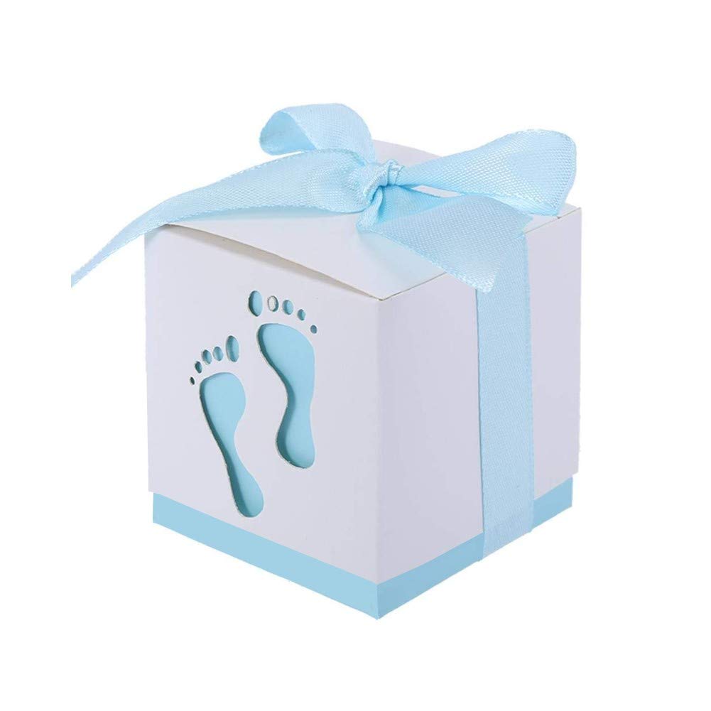 JZK 50 x Blue footprint paper baby shower favour boxes for boy baby shower boy birthday party christening baptism newborn party