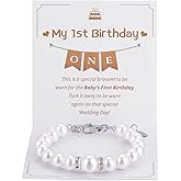 Kvekstio First Birthday Pearl Bracelet Gift for 1 Year Old Daughter Granddaughter Niece, Happy 1st Birthday Jewelry, Wonderful 1st Birthday White Pearl Adjustable Bracelet Gift for Age One