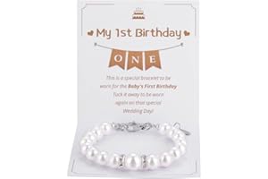 Kvekstio First Birthday Pearl Bracelet Gift for 1 Year Old Daughter Granddaughter Niece, Happy 1st Birthday Jewelry, Wonderful 1st Birthday White Pearl Adjustable Bracelet Gift for Age One