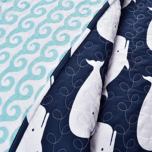Lush Decor Whale Kids Reversible 4 Piece Quilt Bedding Set with Sham and Decorative Throw Pillows, Twin, Navy