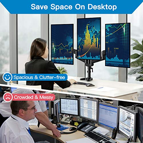 Triple Monitor Stand - Full Motion Articulating Aluminum Gas Spring Monitor Mount Fit Three 17 to 32 inch Flat/Curved LCD Computer Screens with Clamp, Grommet Kit, Black