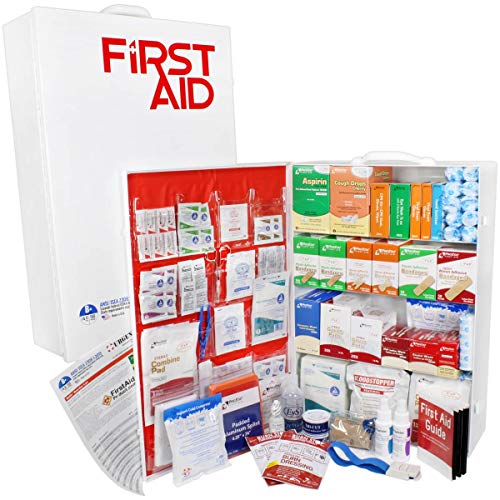 OSHA & ANSI 4 Shelf Industrial First Aid Cabinet with Pocket Liner, 150 Person, 1125 Pieces, 2015 Class B+, Types I & II, Made in USA by Urgent First AidTM with extra content & NEW ANSI First Aid Guide