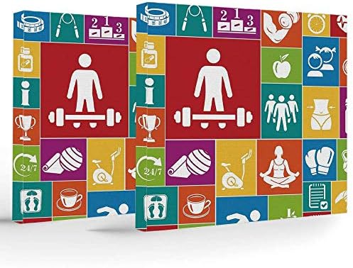 SINOVAL Canvas Art Prints,Canvas Art with Frame,Fitness,Stretched and Framed Canvas Print,Different Colorful Fitness Icons Healthy Lifestyle Motivation Activity Weight Loss Decorative,Fashion Canvas