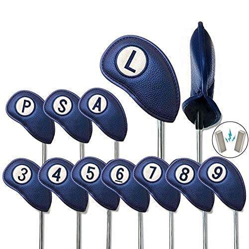 Golf Club Head Covers for Irons Magnetic Closure Value 11 pcs/Set, Double Number Printed Headcovers Deluxe Synthetic Leather Professional Thick Color Blue Fit All Brand Clubs (Blue)