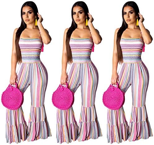 Women Rainbow V Neck Belted Wide Leg Pant Romper Jumpsuits Bell- Bottom