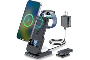 HUOTO 3 in 1 Wireless Charging Station,5000mAh Fast Foldable Portable Charger Battery Pack USB C Power Bank for MagSafe,for iPhone 15 14 13 12 Series/Apple Watch/Airpods with 20W Charger Adapter (Black)