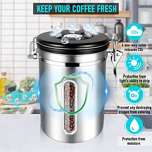 Kaffeedosen Luftdicht 1800ML Kaffeebohnen behälter mit transparentem Fenster, Vorratsdosen aus Edelstahl mit Datums-Tracker, 30ML Messschaufel und CO₂-Ventil für Kaffee Kaffeebohne Pulver, Zucker, Tee